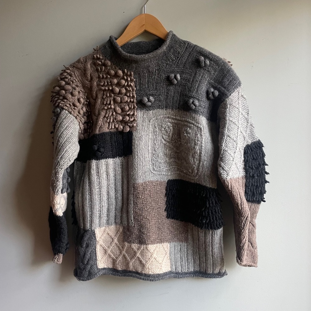Bedo Wool Patchwork Knit Sweater - Gray, Black, Brown